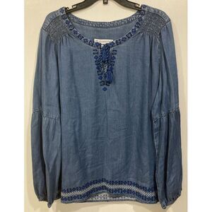 Southern Tide Embroidered Light Indigo Denim Top Women size XL Bohemiam